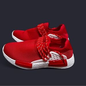 Red and White Athletic Shoes with Knit Upper